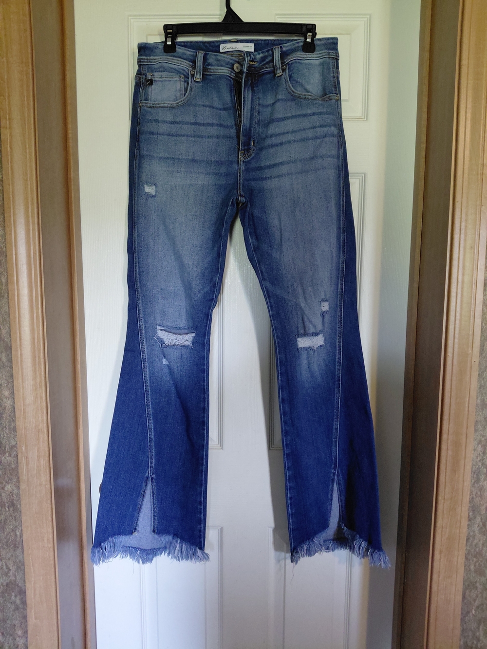 KanCan Blue Distressed Flare Jeans with Frayed Split Hem